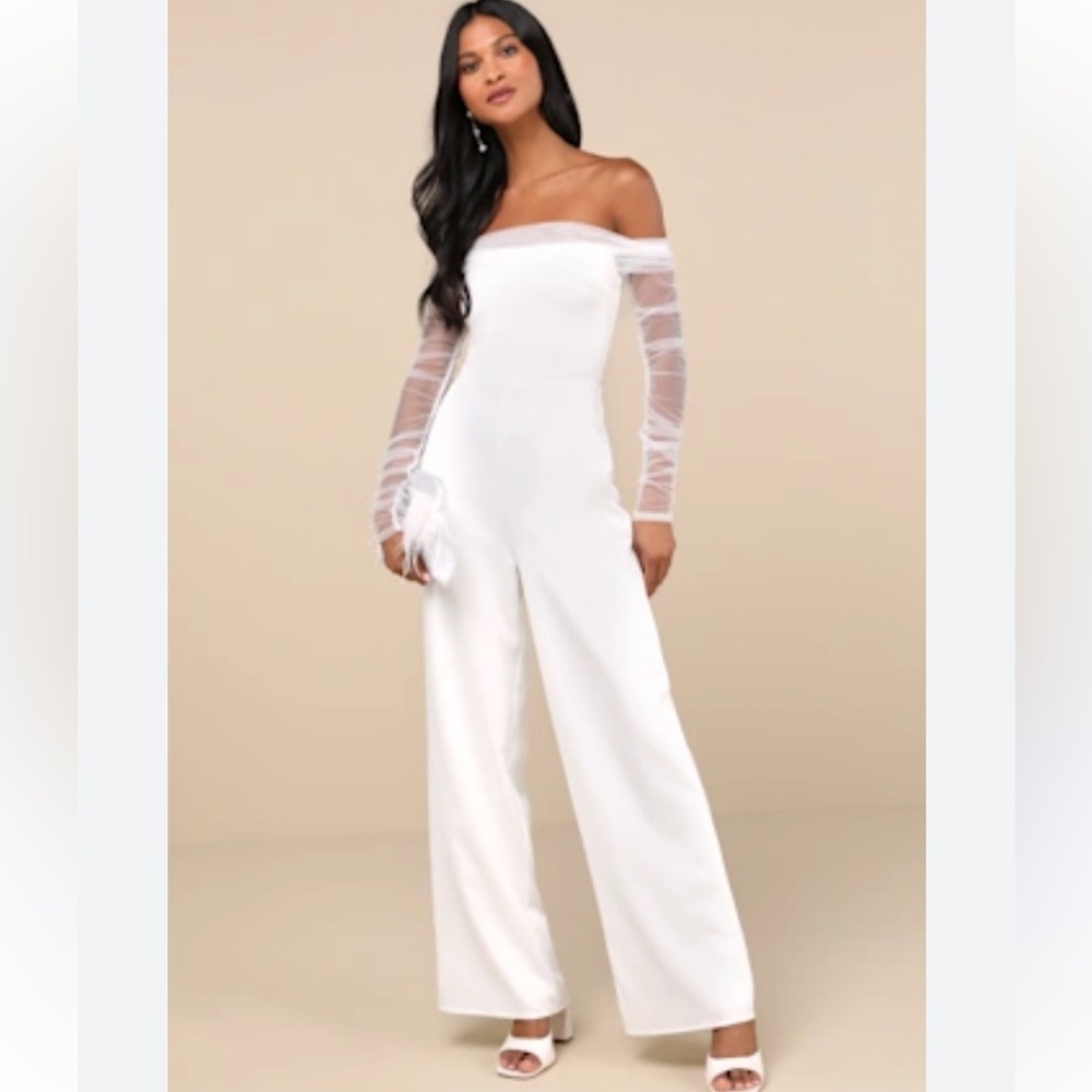Lulus Eternal‎ Bliss White Tulle Off-the-Shoulder Wide-Leg Jumpsuit